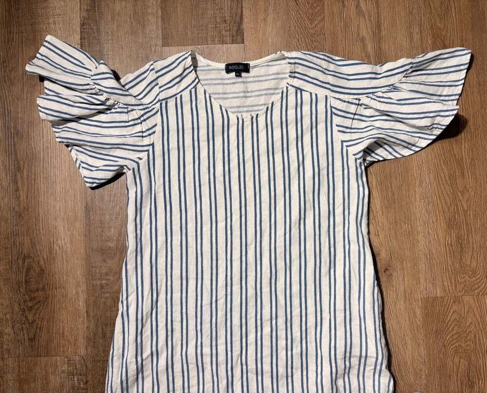 Roolee Women's Blue and White Striped Flutter Sleeve V-Neck Tunic Blouse